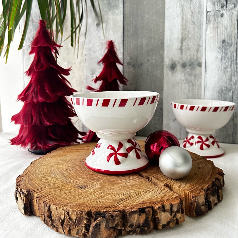 🌴Joy Candy Cane Serving/Candy Red and White Holiday Bowls - Set of Two